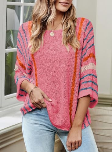 Image of Dokotoo Womens 2026 Spring Summer Casual Crewneck 3 /4 Sleeve Striped Lightweight Knit Trendy Boho Tops Pullover Sweaters