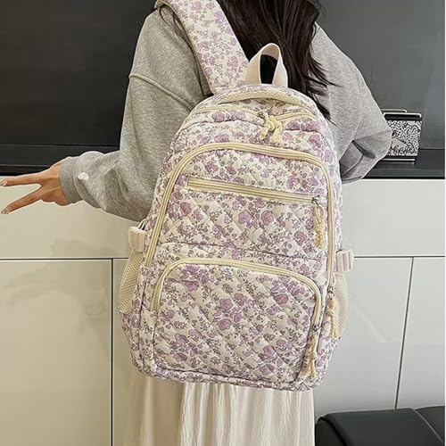 3pcs Backpack Set with Cute Floral Quilted Backpack Bags, Large Capacity Nylon Bag Rucksack Fashion Travel Daypack (Purple)2