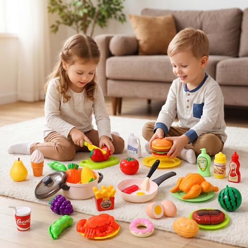 Image of HOLYFUN Play Food Toy Set with Shopping Basket & Cutting Fruits | Includes toy pots, pans, plastic dishes and realistic food pieces for pretend cooking, role play and hands-on learning