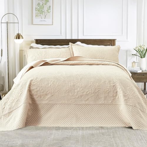 Alaskan King Bedspread Set Oversized King Bedspreads 132x120 inches Floor Length King Size Bedspread Extra Wide King Quilt Paisley Quilt Beige Coverlet Sets with Shams