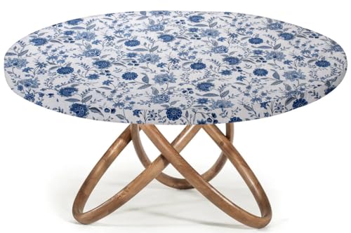 Image of The Furnishing Tree Elastic Cotton Round Dining Table Cover 36x36 in Inches Floral Blue on White Base