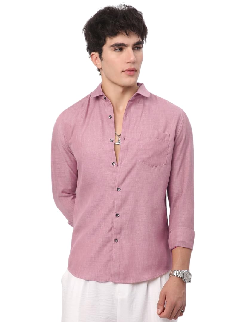oquent Classic Men's Linen Button-Down Shirt, Pink, Casual Long Sleeve, Regular Fit with Chest Pocket, Business Casual-picture-10