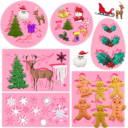 6 Pack Christmas Molds Mini Christmas Fondant Molds Pink Polymer Clay Molds, Non-stick Silicone Molds for Cake Decorating - Snowflake Gingerbread Santa Claus Reindeer Christmas Trees Holly Leaves