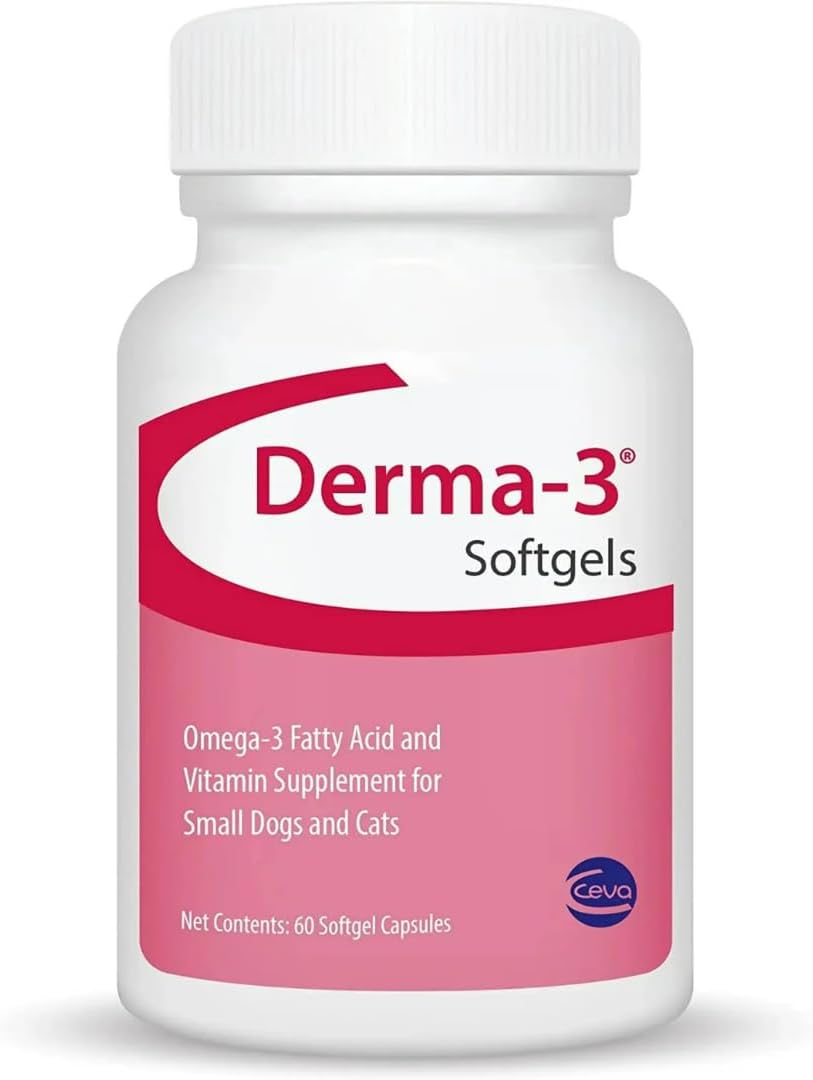 Ceva Derma-3 Softgels, Omega-3 Fatty Acid & Vitamin Supplement for Small Dogs + Cats (60 Count)