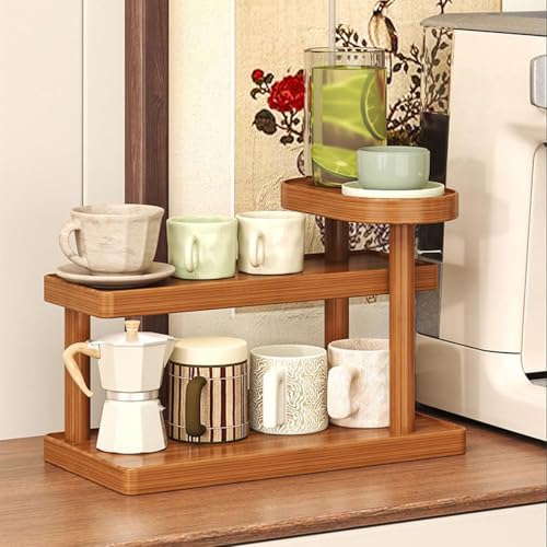 HSYTEK Holz Schreibtischregal Organizer, Tassenregal, 3-Stufiger Kaffeetassenregal, Aufbewahrungsregal für Tee, Kaffee, Bar, Zubehör, Matcha Regal, Tassen-Display, Kosmetik, Gewürz 40x23.5x15 cm