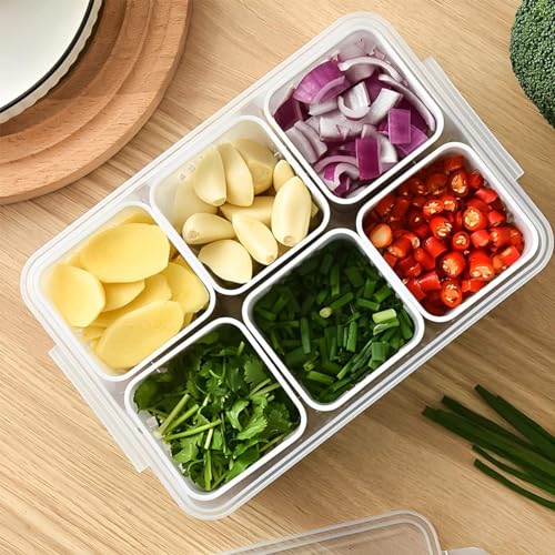 Image of Plastic Fridge Storage Box - 6 Grid Container | Freezer & Refrigerator Organizer | Kitchen Storage Container for Vegetables, Masala, Snacks & More (Pack of 1)