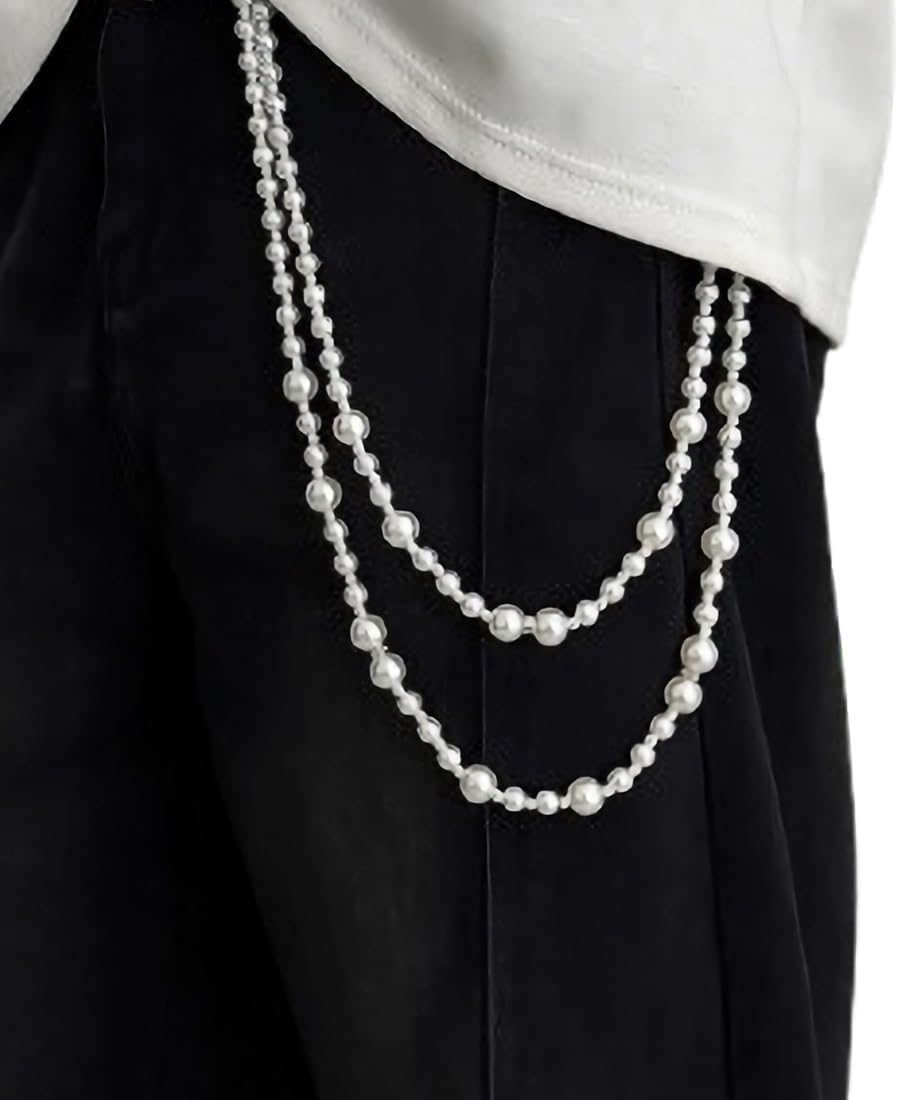 Unisex Hip-Hop Layer Pants Keychain with Mixed Size White Pearls Jeans Clothing Accessory for Party & Street Style