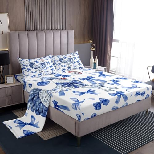 jejeloiu Chicken Bedding Full Size Blue Bow 4 Pieces Sheet with 16