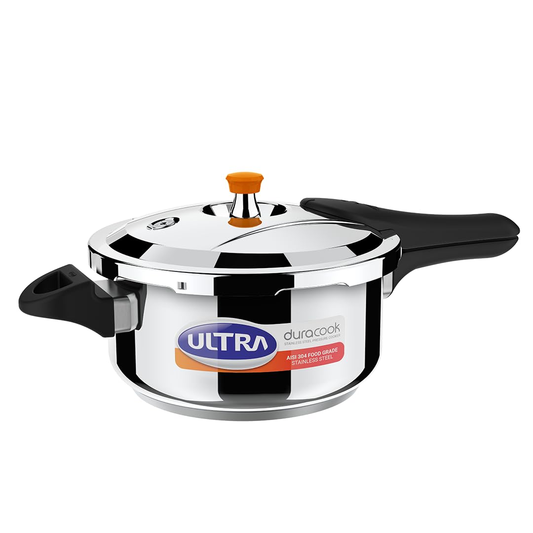 Ultra Duracook Pressure Cooker 4.5 Litre | AISI 304 Food Grade Stainless Steel Cooker with10 Years Warranty | High Impact 3-Layer Composite Base | Spillage Control | Sturdy Bakelite Handle