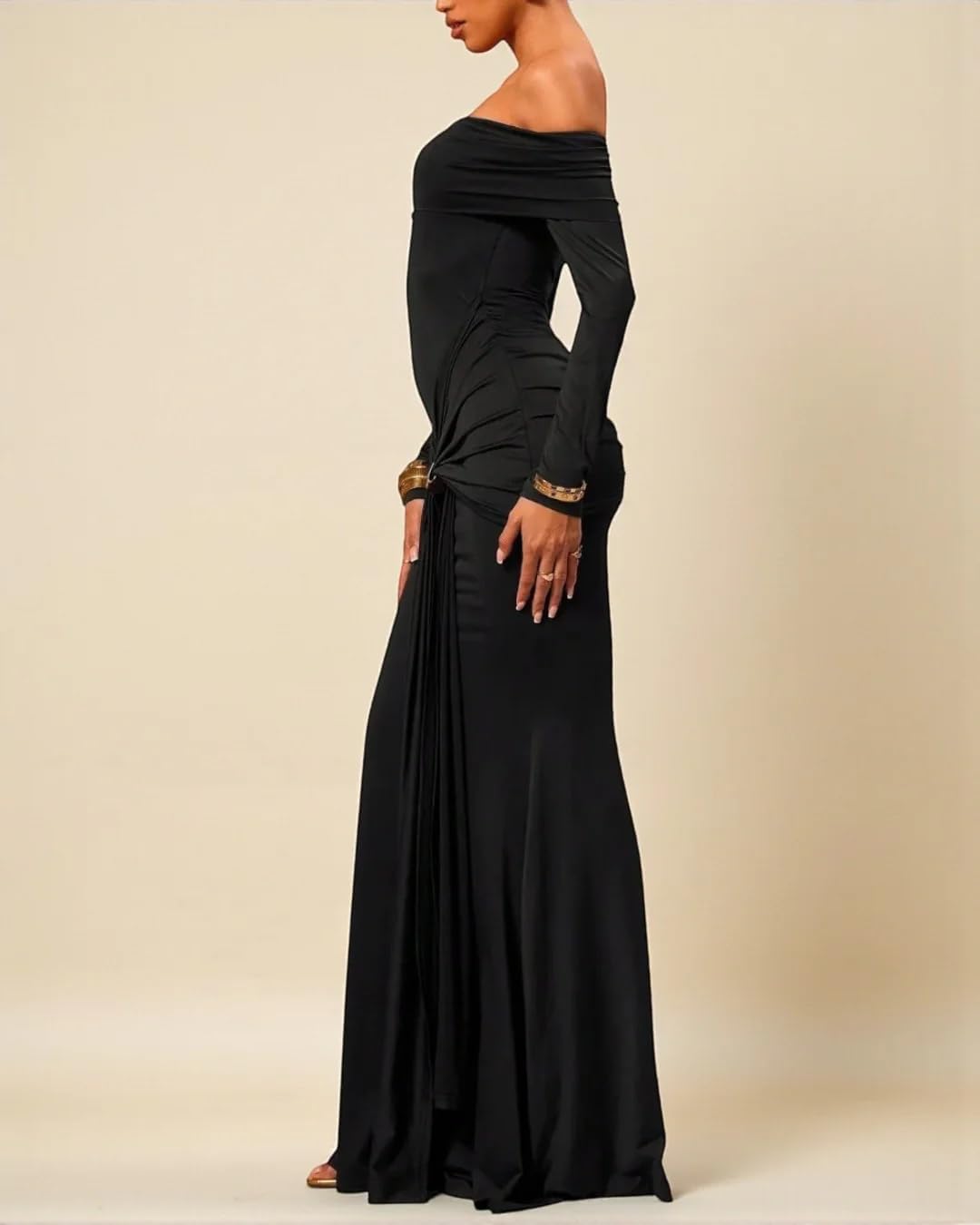 Women's Grace Maxi Dress Off Shoulder Long Sleeve Bodycon Elegant Solid Formal Gown for Wedding Guest - Image 2