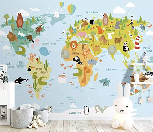 Murwall Kids Wallpaper Child World Map Wall Mural Cartoon Animals Wall Art Nursery Wall Decor Girls Boys Bedroom Baby Room Children Rooms