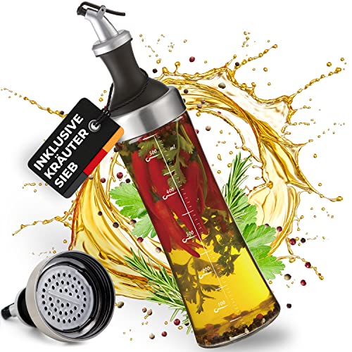 Cucino Ölflasche mit Kräutersieb für selbstgemachte Aroma-Öle - praktische Ölflasche mit Ausgießer für tropffreies dosieren, echte Glasflasche für Öl | 570ml