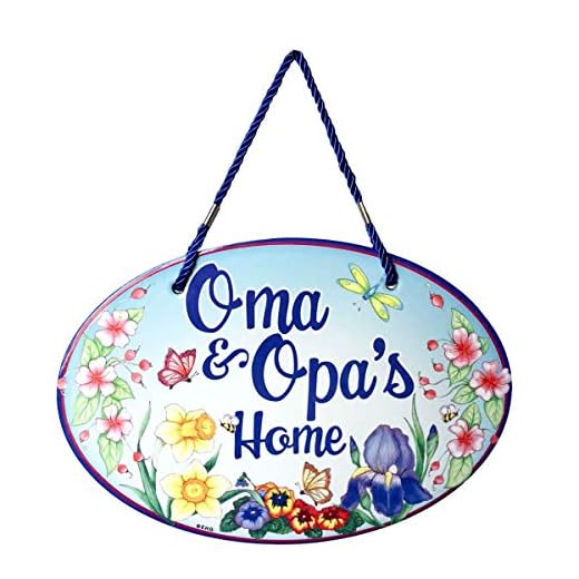 "Oma & Opa's Home" 11x8" Ceramic Welcome Door Sign Oma and Opa Gifts With Cork Backing & Rope for Hanging Gifts for Oma with Artwork of Spring Flowers by E.H.G.