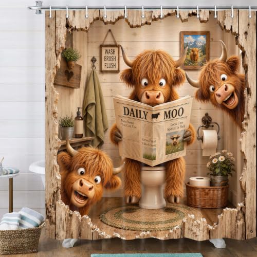 Image of Funny Shower Curtain Highland Cow Shower Curtain with 12Hooks, 60 x 72 Inch