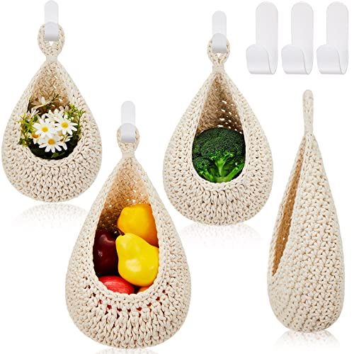 Image of Honeydak Boho Decor Hanging Wall Baskets for Kitchen 3 Pack Teardrop Baskets with Hooks Storage Fruit Onion Vegetable Potato for Home 3 Sizes(White,Teardrop,Cotton Rope)