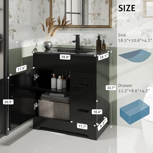 Image of eclife 30 inch Bathroom Vanities Sink Combo with Painted Surface, Modern Drawered Cabinet W /Decorative Wave Lines, Undermount Single Black Sink, Matte Black Faucet Drain, Black