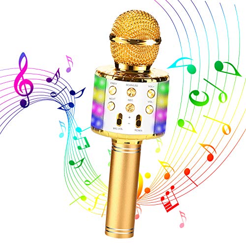 Micrófono Karaoke Bluetooth, Micrófono Inalámbrico Bluetooth, 4 en1 Micrófono Karaoke Portátil con Luces LED, Bluetooth Altavoz Micrófono Karaoke para Cantar y Grabar, Compatibile con Android/iOS PC