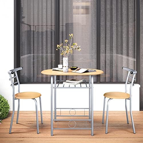 costoffs 3-Piece Dining Room Set, Compact Table Set with Steel Legs and Storage Rank, Kitchen Table & Chair Sets for 2, Modern Design Table Set for Small Space/Apartments/Dorm Room, Natural