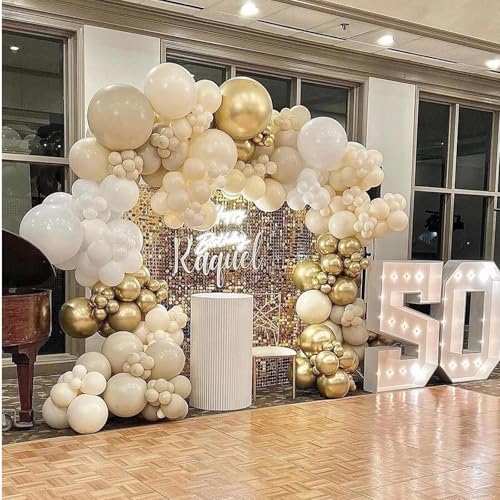 Image of 412pcs Sand White Gold Balloon Arch Kit, 18 12 10 5 Inch Different Size White Metallic Gold Latex Balloon for Boho Neutral Baby Shower Wedding Bridal Shower Birthday Decorations