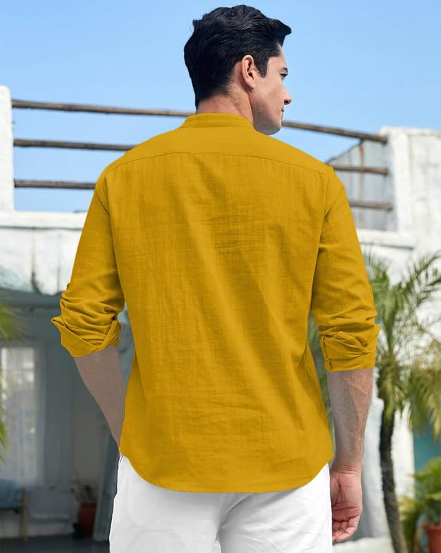 Image of FINIVO FASHION Men's Cotton Blend Short Kurta Shirt | Casual Ethnic Wear with Roll-Up Sleeves & Mandarin Collar | Comfortable Fit Tunic for Festive, & Summer Outings