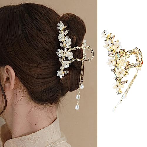 Pinzas de metal para el pelo de jazmín con diseño de diamantes de imitación de perlas, pinzas de mandíbula antideslizantes grandes y accesorios para el cabello para mujeres y niñas
