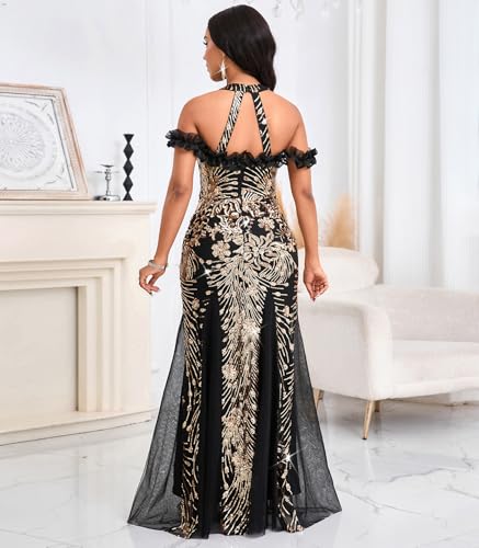 Image of Cololura Women Sexy Sequin Halter Neck Short Sleeve Mesh Perspective Party Bodycon Evening Cocktail Maxi Dress