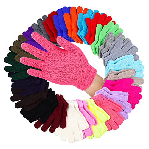 Kids Full Finger Gloves 24 Pairs Acrylic Knitted Winter Gloves for Children Warm Outdoor in Assorted Colors for Boys and Girls - Main Image