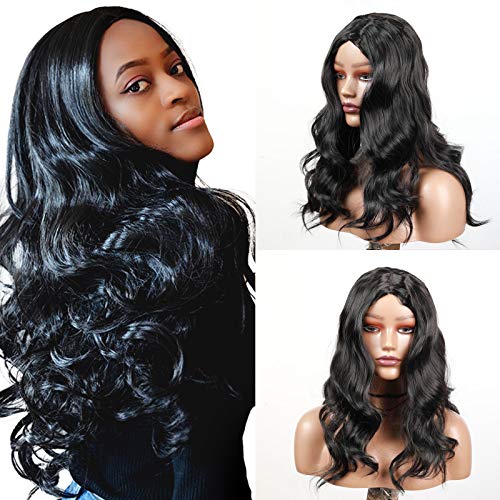 Long Black Synthetic Wigs Middle Part Natural Hair Wigs for Women Heat Resistant Fiber Hair for girl Colorful Costume Wigs Daily Cosplay Wear (Black-wavy-16in)
