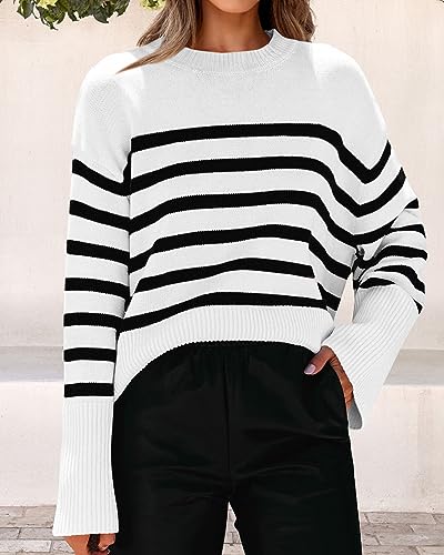 Image of KIRUNDO Women's Striped Knit Oversized Fall Sweaters 2026 Trendy Clothes Crewneck Winter Pullover Sweater Side Split