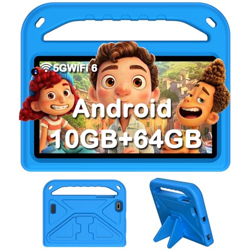 DMOAO Tablette 7 Pouces, Tablette Android 14 avec 5G Wi-FI 6, 10Go RAM+64Go ROM(TF 1To), Tablette Tactile Octa-Core, Widevine L1, 3500mAh, Contrôle Parental Tablette avec EVA Cas, Bleu
