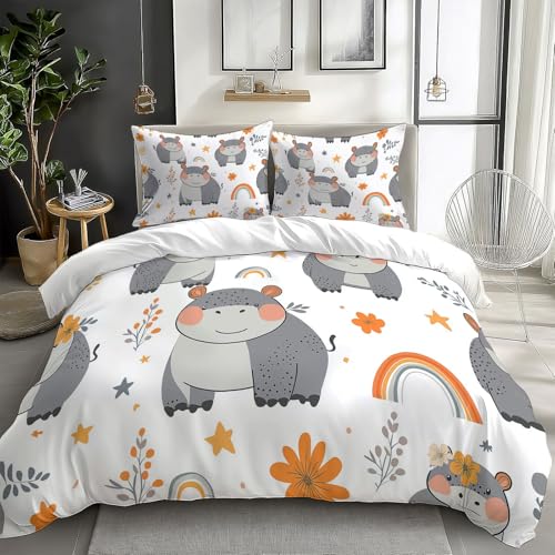 Duvet Cover King Size Cartoon Hippopotamus Flowers Reversible 3 Pieces Duvet Cover Set, Bedding Set for All Season, Soft and Breathable Bedding Set with Zipper Closure