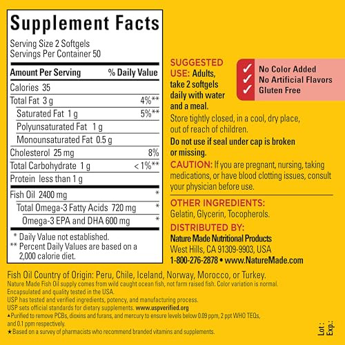 Image of Nature Made Fish Oil Omega 3 Supplements, 1200mg Softgels, 100 Softgels | Omega 3 Fish Oil for Healthy Heart Support, Gluten Free, Dairy Free, 50 Day Supply