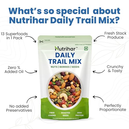 Image of Nutrihar Daily Trail Mix 250g | 13 Mixed Dry Fruits, Nuts, Seeds, Raisins in 1 Pack | Low Calorie Mixed Nuts & Seeds