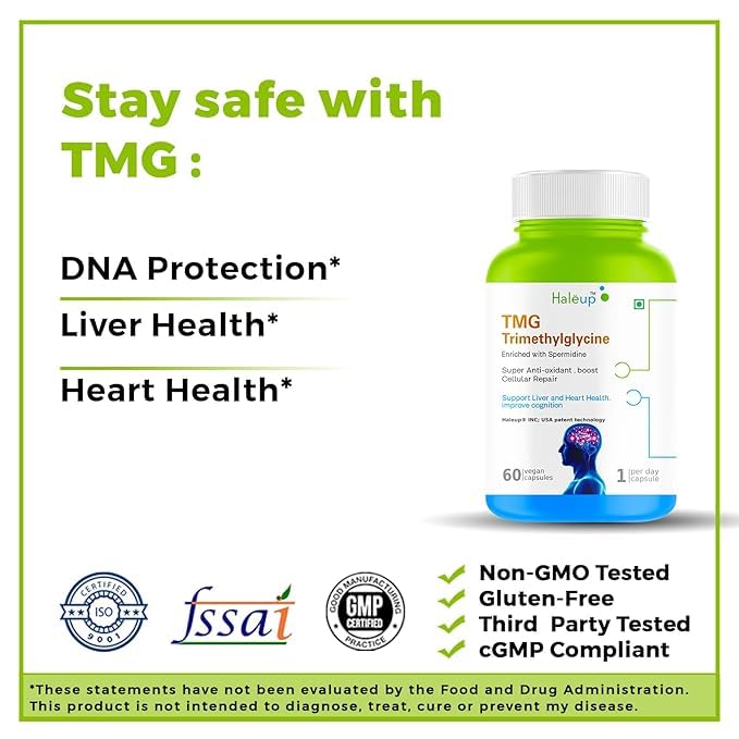 Image of Haleup USA TMG 98% Pure Trimethylglycine (TMG) Supplement | Supports Energy, Heart & Liver Health, Metabolism & NMN Synergy |Pack of 1 X 60s (60 capsules)