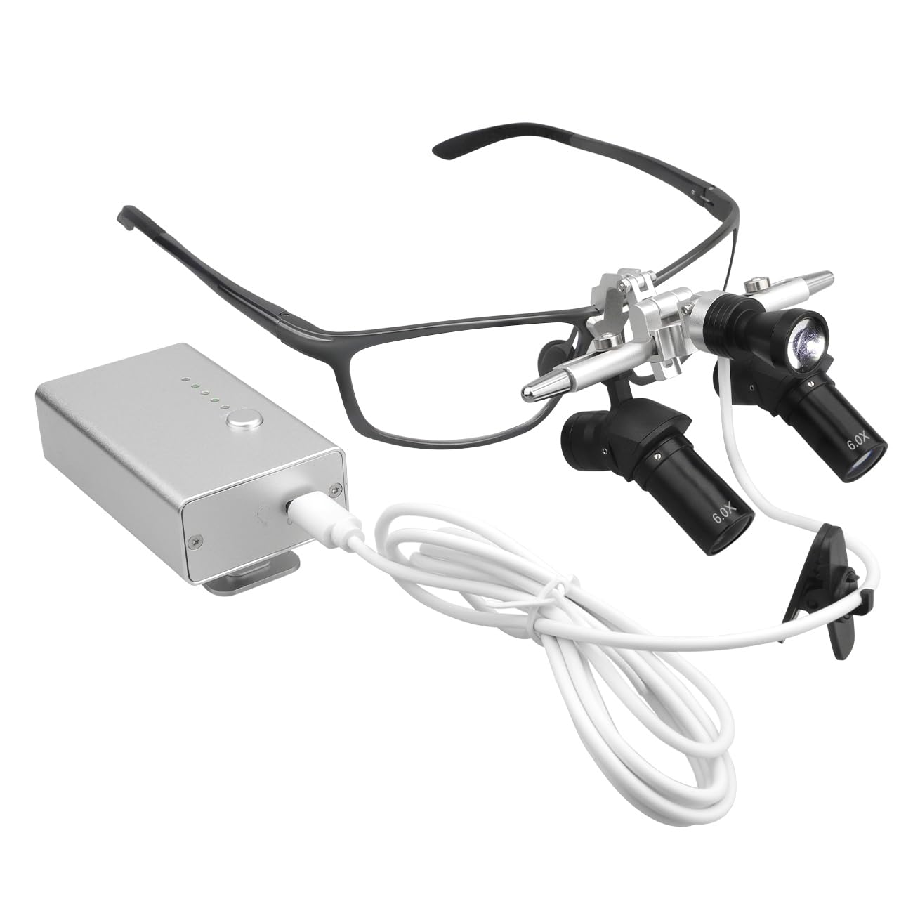 6.0X Ergo Dental Loupes with 5W LED Headlight - 48° Deflection Prism Ergonomic Binocular Magnifiers - CRI>90 High Intensity Wireless ENT Surgical Exam
