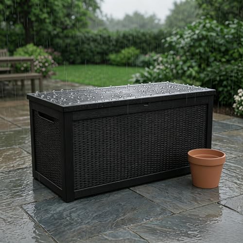 Image of 318 Gallon Large Resin Deck Box - Waterproof Outdoor Storage Chest for Patio Cushions, Garden Tools & Pool Supplies, UV-Resistant All-Weather Construction, Lockable Lid & Hydraulic Rods, Easy Assembly