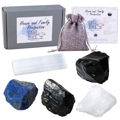 Apengshi Protection Crystal Stone Set for House and Family Protection Set of 5 Pieces Stone Black Tourmaline Clear Quartz Lapis Lazuli Obsidian and Selenite Healing Crystal Stones