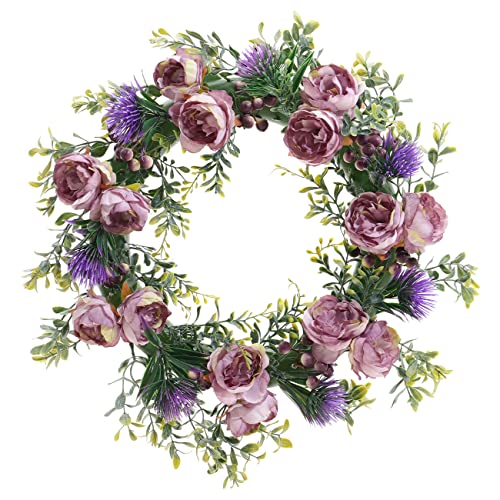 Warmiehomy Couronne de porte de printemps artificielle faite à la main pour porte d'entrée, fenêtre, mur, maison, jardin, décoration extérieure - Violet foncé - 45 cm Cover
