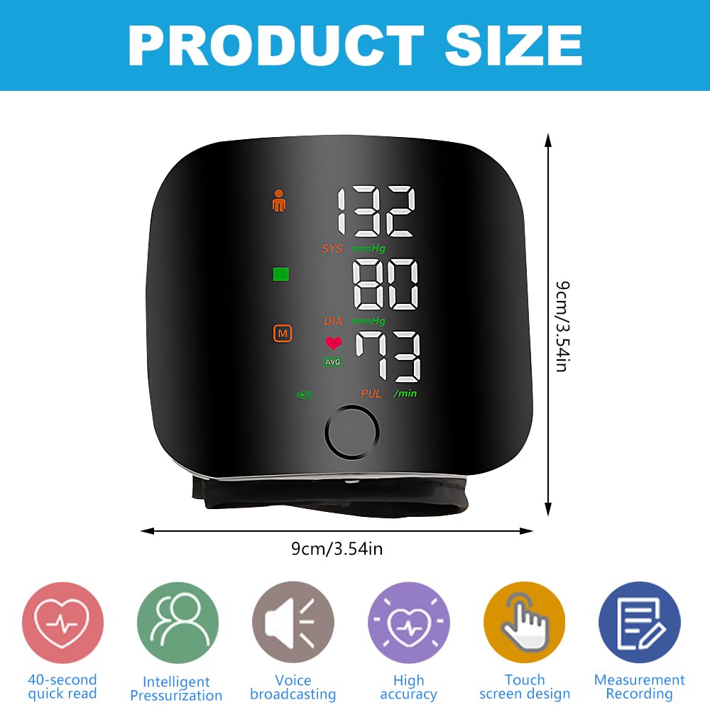 Monitor de presión arterial de muñeca, monitores de presión arterial de muñeca, máquina de presión arterial de muñeca con pantalla táctil LED, puño de muñeca ajustable, funda de transporte, voz