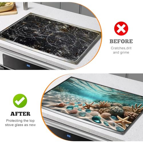 Image of Multi-Design Stove Top Cover for Glass /Electric Stoves - 3-in-1 Heat-Resistant Protector Mat, Non-Slip Drying Rack 28 inchx20 inch (Seabed, 28 inch L x 20 inch W)