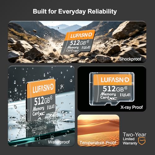 Image of 512GB Micro SD Card with Adapter, High Speed U3 C10 V30 SDXC Memory Card Up to 100MB /s, 4K Video Recording for GoPro, Smartphone, Camera, Tablet, Dash Cam