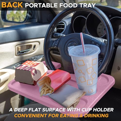 Image of EcoNour 2 in 1 Car Steering Wheel Desk | Steering Wheel Tray for Laptop and Food | Pink Table Tray for Eating with Drinks Holder | Car Accessories