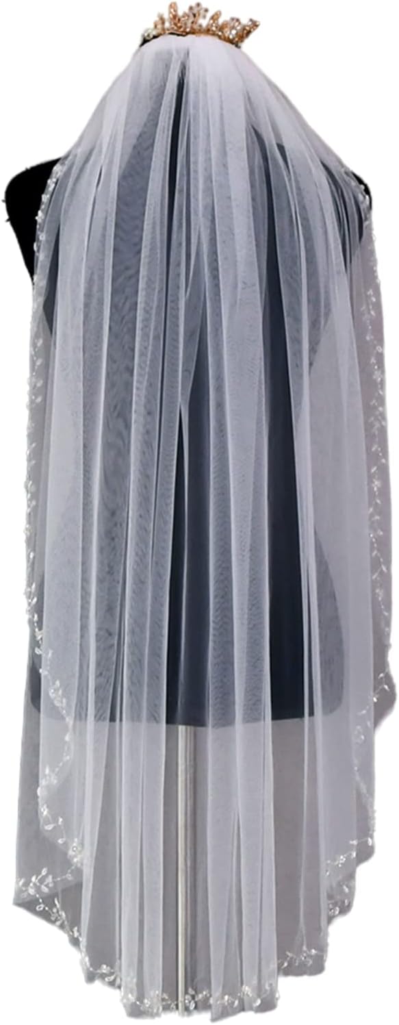 ULAPAN Bridal Veil Wedding Veil with Comb Cut Edge Fingertip 1 Tier Length Beaded Crystal for Brides 39 Inches (Ivory)