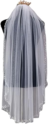 ULAPAN Velo de novia velo de novia con borde de corte de peine, punta de los dedos, 1 nivel de longitud con cuentas de cristal para novias, 39