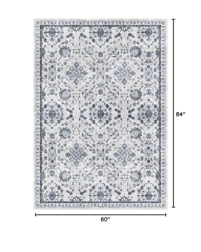 vivorug 5x7 Area Rugs, Stain Resistant Washable Rug for Living Room, Floral Rug Vintage Inspired (Ivory/Blue, 5'x7')