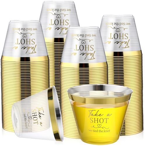 Afarnook 100 Pcs Wedding Cups for Reception 9oz Heavy Duty Plastic Cups Wedding Party Favors for Guests Gold Rim Disposable Drinking Glasses for Bridal Shower Tie Knot Engagement Party Decorations