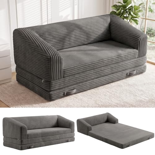 Image of JUIKURY Convertible Sofa Bed, 3-in-1 Foldable Loveseat Couch with Armrest, Corduroy Floor Sofa & Sleeper Bed, No Assembly High-Density Foam Futon Mattress for Living Room, Small Apartment, Dorm