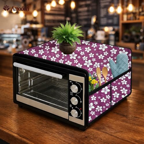 Image of Microwave Oven Top Cover 35x100 cm | Wipe Clean Fabric | 4 Utility Pockets (Floral-19)