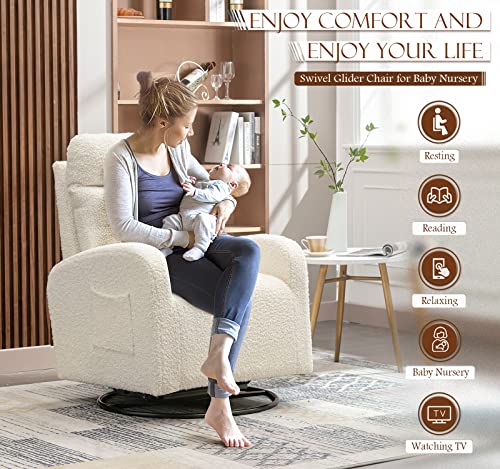 Kinffict Modern Swivel Glider Chair, Upholstered Accent Glider Rocker For Baby Nursery, Comfy Tall Back Rocking Armchair With Side Pocket And Headrest For Living Room, Bedroom, White Teddy Fabric #TOP5