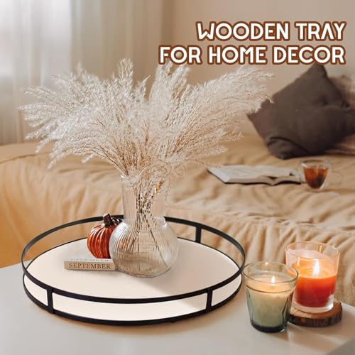 Image of Medium Rustic Round Wooden Serving Tray with Handles for Kitchen, Dining, Coffee Table & Home Handcrafted Tea Snacks Breakfast Tray /White12x12x2inch
